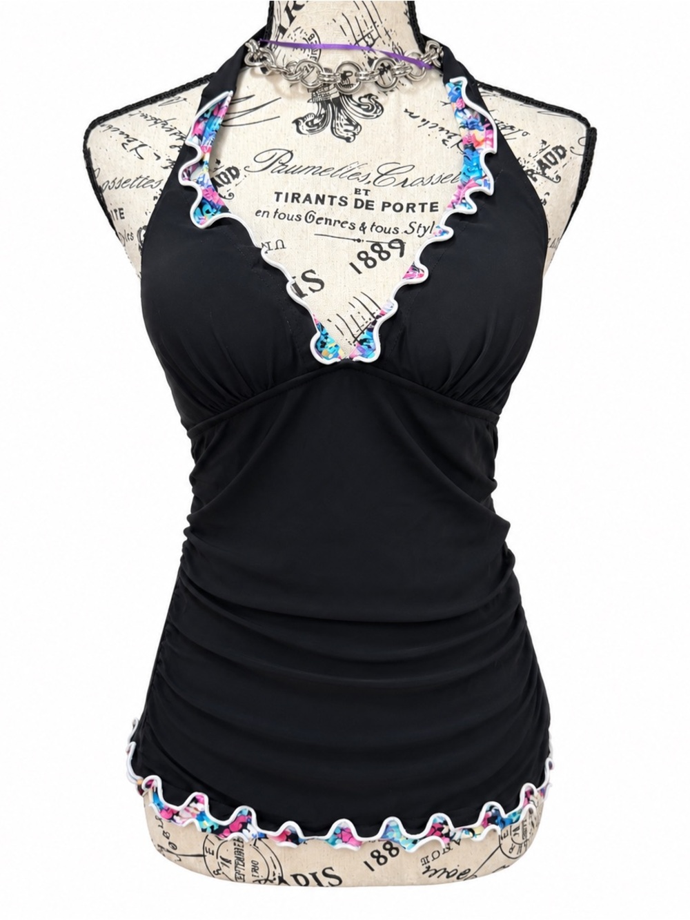 Black Halter Tankini with Multicolor Ruffle Trim - Women Swim